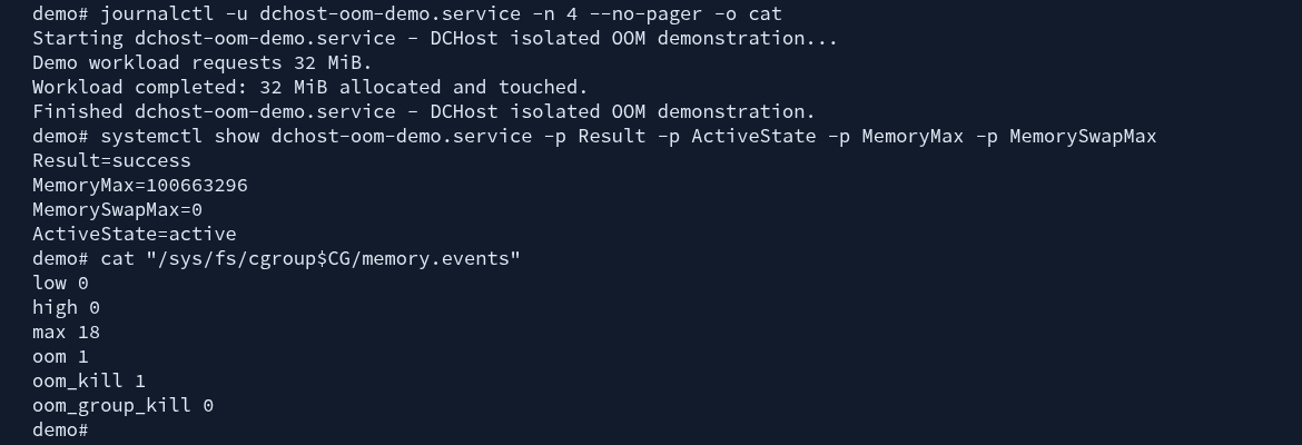 Actual log showing the completed 32 MiB workload, Result=success and the unchanged 96 MiB limit.