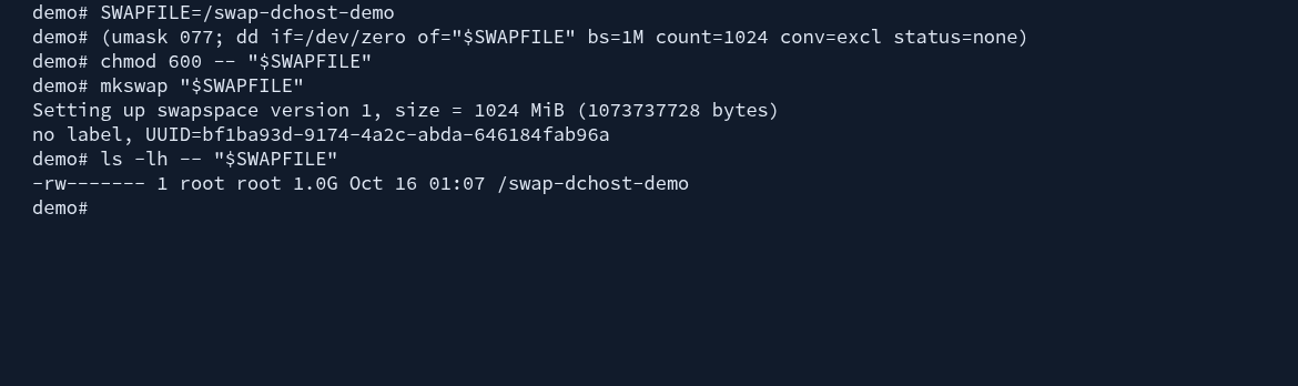Actual dd, chmod and mkswap commands with a 1 GiB root-only file.