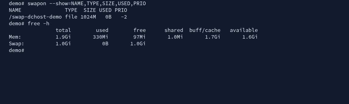 Actual swapon output showing 1024M swap with 0B used and free output showing 1.6 GiB available RAM.