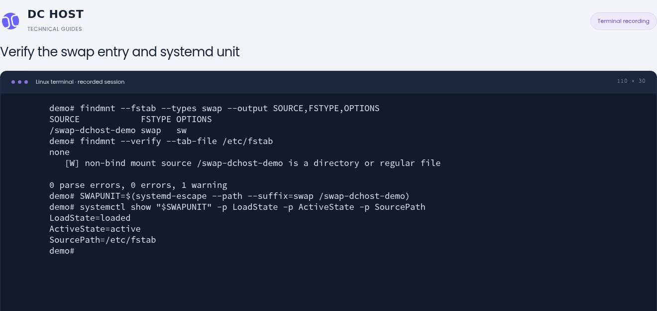 Actual fstab verification with zero parse errors, zero errors and one warning; swap unit loaded and active.