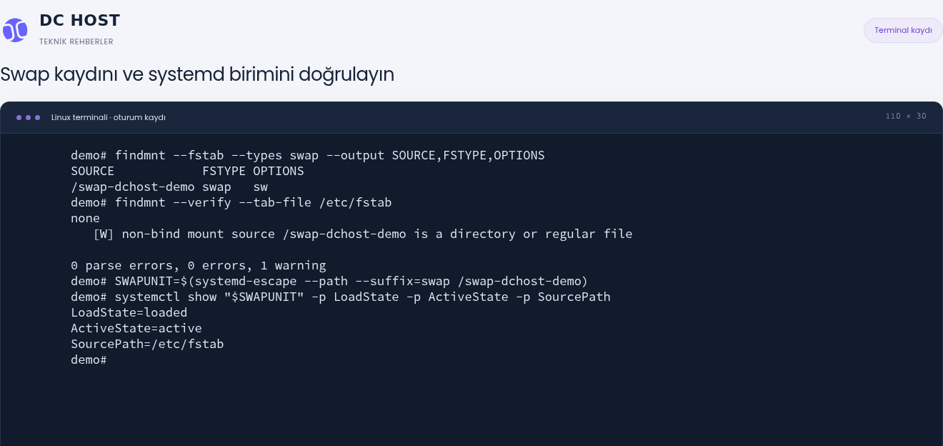 Gerçek fstab doğrulaması: sıfır ayrıştırma hatası, sıfır hata, bir uyarı; swap birimi loaded ve active.