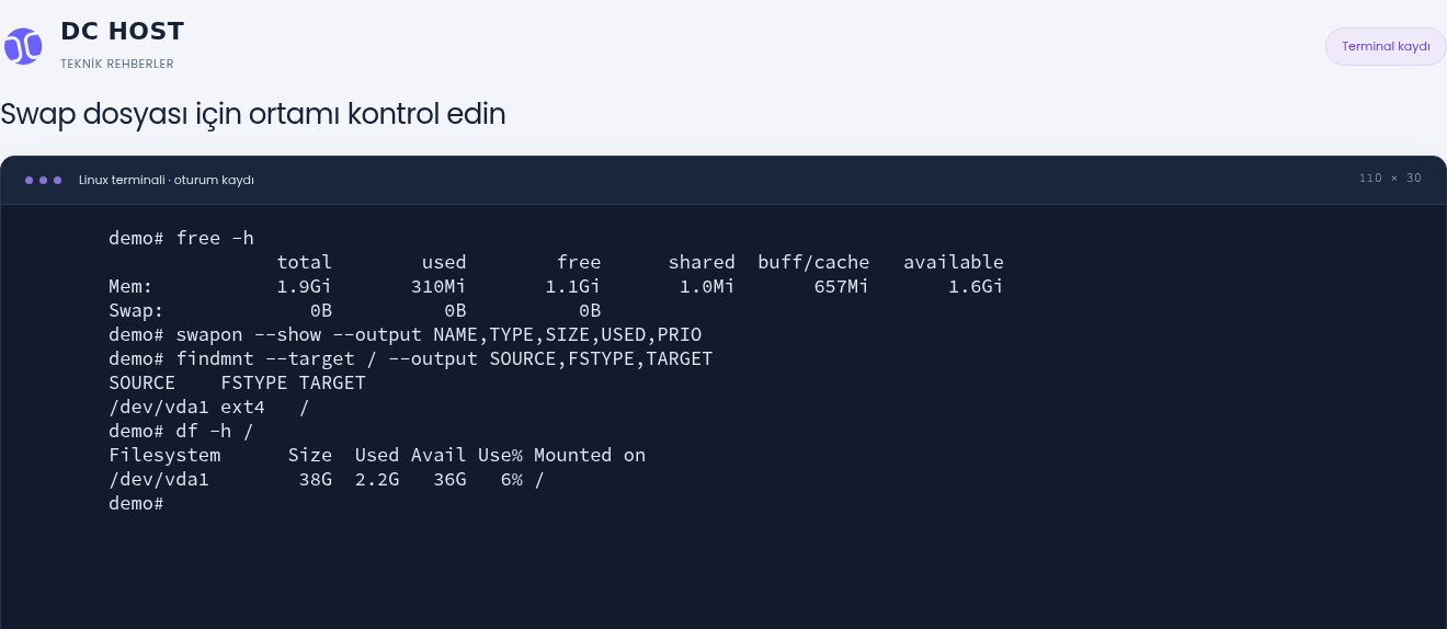 Gerçek demo çıktısında swap yok, kök dosya sistemi ext4 ve 36 GiB boş disk alanı var.