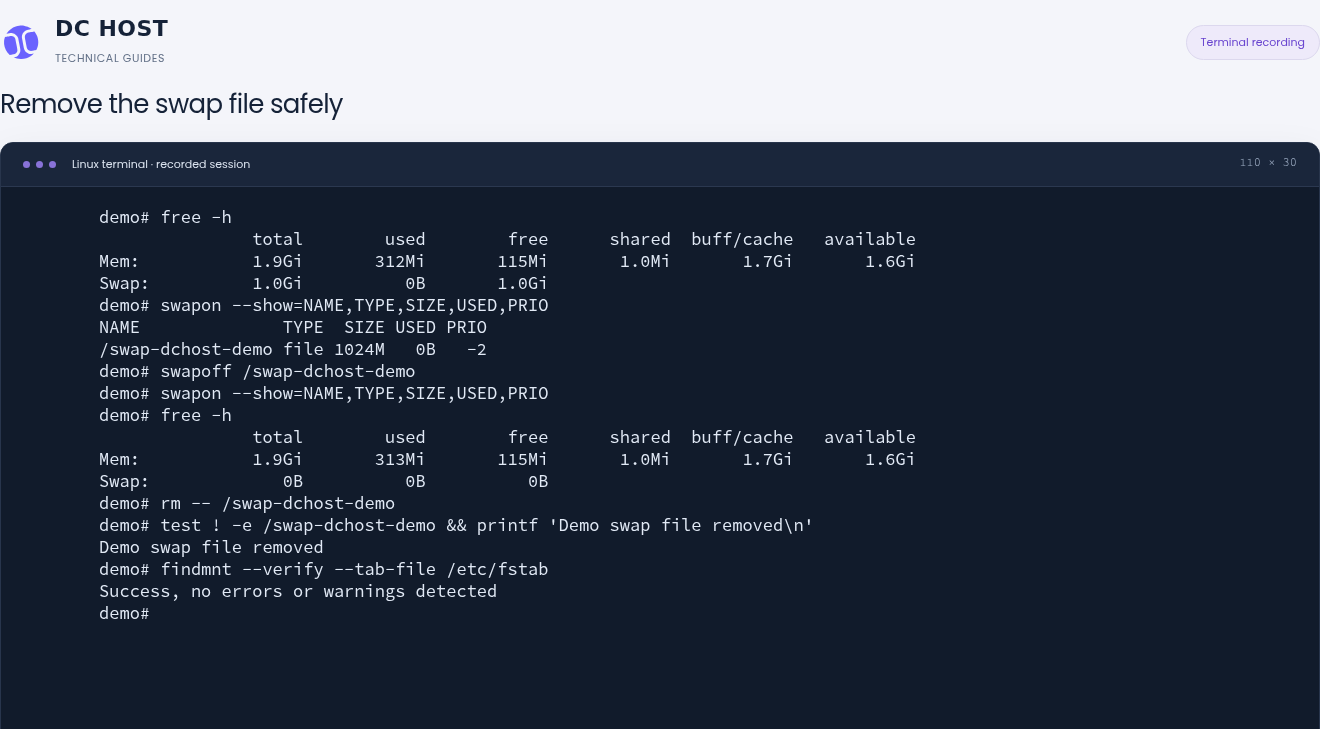 Actual output after swapoff: an empty swapon list, zero swap and the removed demo file.