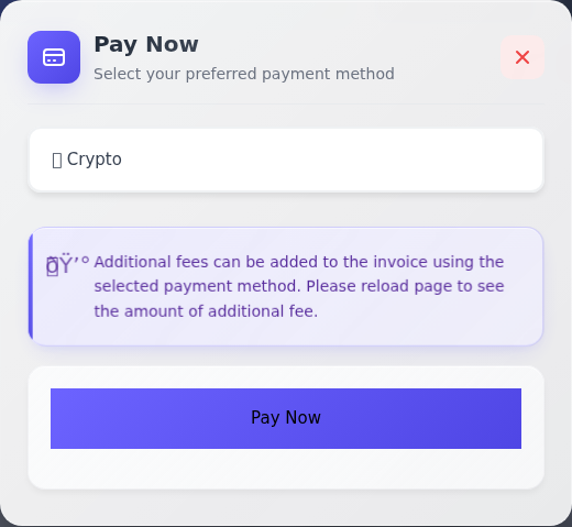 Pay Now penceresinde ödeme yöntemi seçimi, ek ücret uyarısı ve ödeme adımına ilerleme düğmesi.