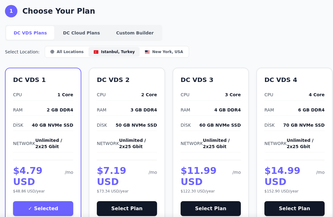 DC VDS Plans sekmesi ve konum seçenekleri; ilk dört VDS paketi gösteriliyor, DC VDS 1 seçili.