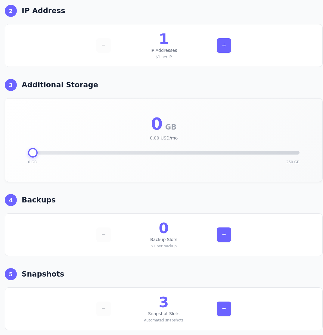 IP Address, Additional Storage, Backups ve Snapshots ayarları; artı-eksi düğmeleri ve disk kaydırıcısı.