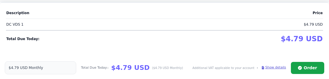 Açık sipariş özetinde DC VDS 1, Total Due Today, dönem seçimi, Show details ve Order düğmesi.