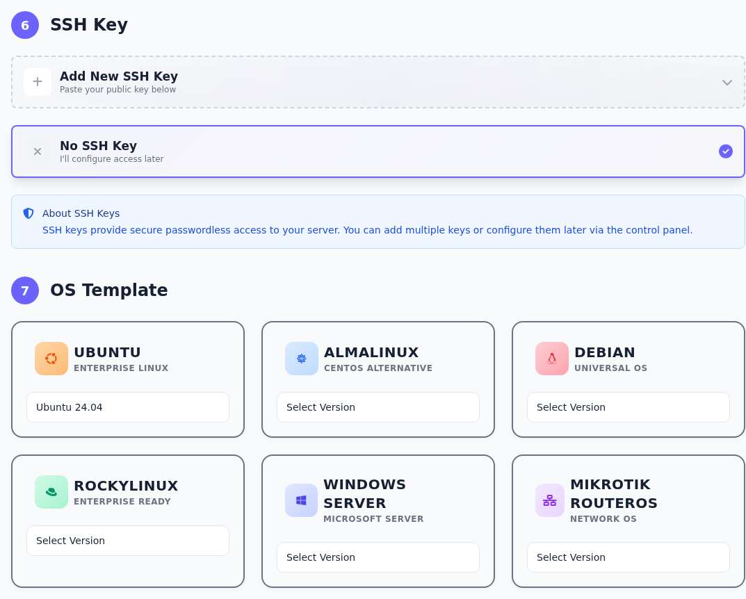 SSH Key bölümünde Add New SSH Key ve seçili No SSH Key; OS Template bölümünde Ubuntu 24.04 seçili.
