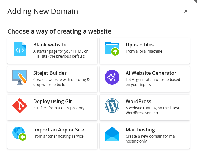 Plesk Adding New Domain ekranında Blank website, Upload files ve WordPress seçenekleri.