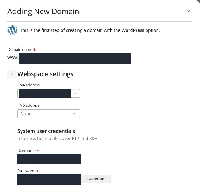 Plesk alan adı ekleme formunda domain, IP ve sistem kullanıcısı alanları; özel değerler maskeli.