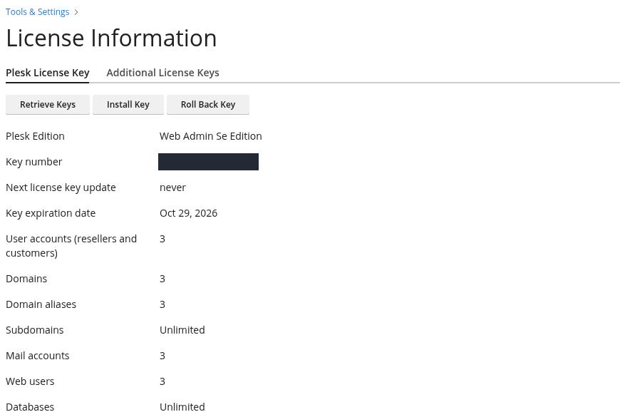 Plesk License Information ekranında Web Admin Se Edition, 29 Ekim 2026 bitişi ve 3 alan adı limiti.