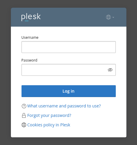 Gerçek Plesk giriş ekranında Username, Password ve Log in alanları.