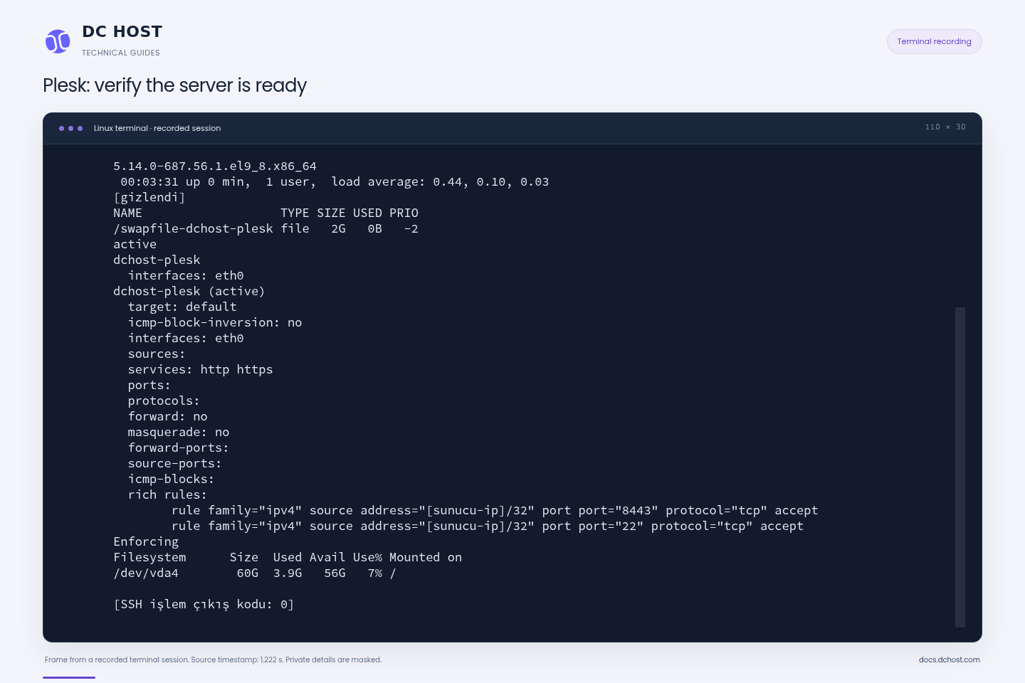 Actual Plesk demo server output after restart showing the new kernel, 2 GB swap, firewalld and SELinux Enforcing.