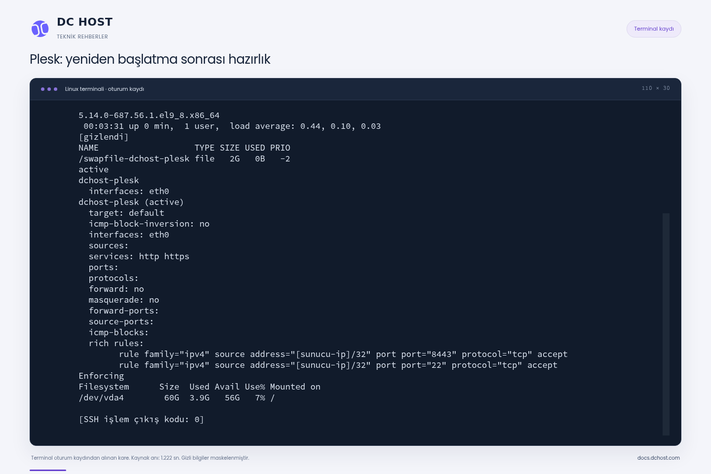 Plesk demo sunucusunun yeniden başlatma sonrası gerçek kernel, 2 GB swap, firewalld ve SELinux Enforcing çıktısı.