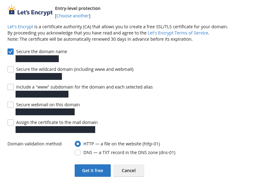 Gerçek Let’s Encrypt formunda yalnız ana alan adı seçili, HTTP-01 doğrulama ve Get it free düğmesi.