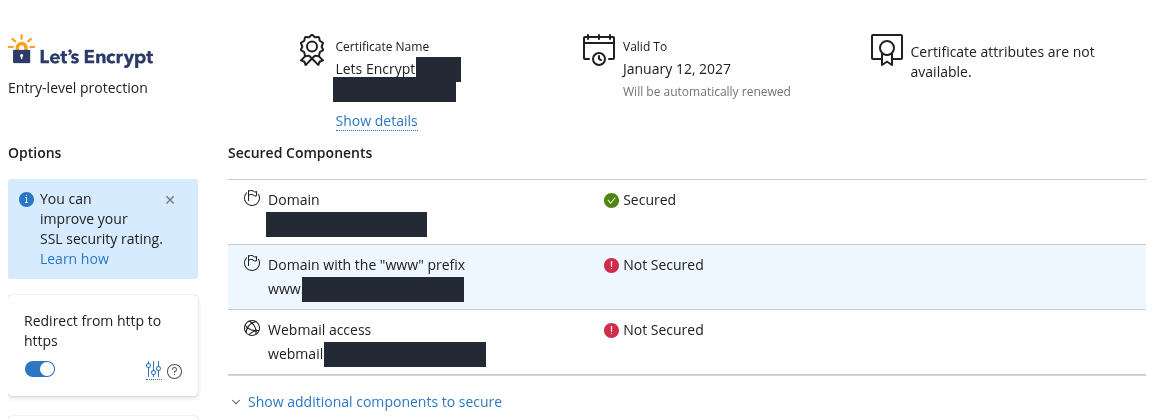 Plesk Let’s Encrypt sonucunda ana domain Secured, kullanılmayan www ve webmail Not Secured.