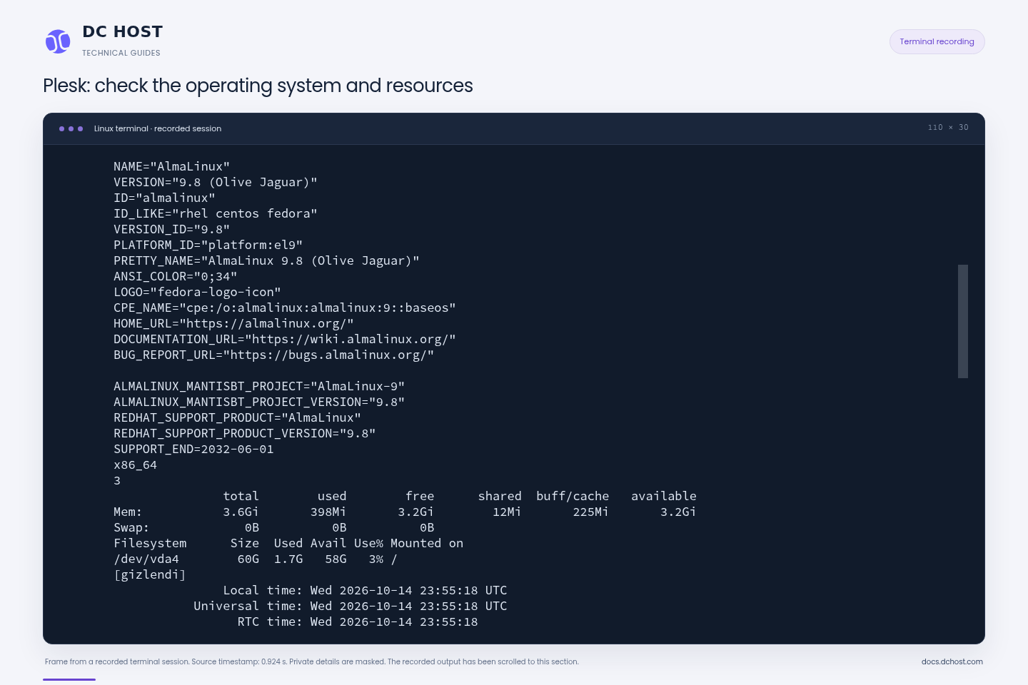 Actual Plesk demo server output showing AlmaLinux 9.8, x86_64, 3 CPUs, 3.6 GiB visible RAM and 60 GB disk.