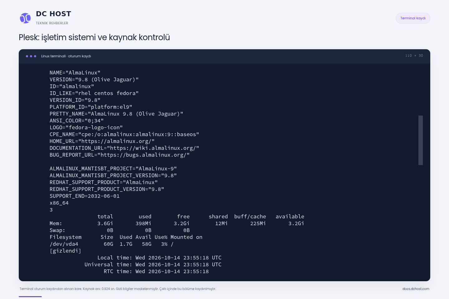 Gerçek Plesk demo sunucusunda AlmaLinux 9.8, x86_64, 3 CPU, 3.6 GiB görünür RAM ve 60 GB disk çıktısı.