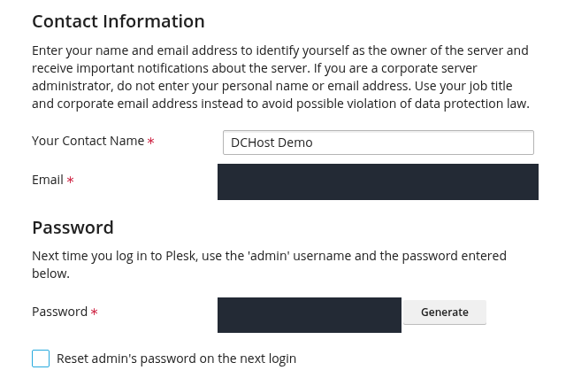 Plesk Contact Information ve Password bölümlerinin gerçek ekranı; e-posta ve parola maskeli.