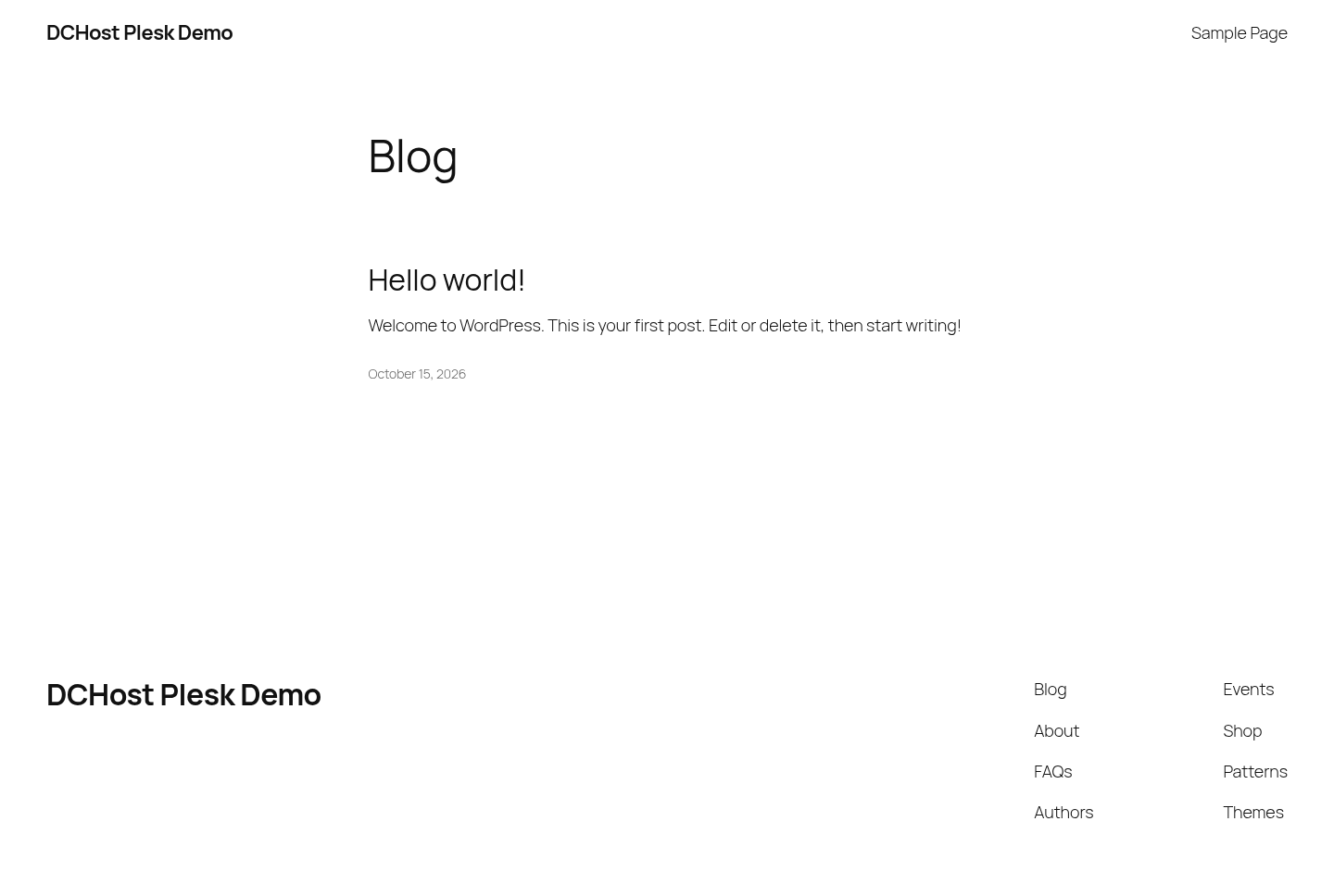 Plesk üzerine kurulan gerçek WordPress sitesinin DCHost Plesk Demo başlıklı HTTPS başlangıç sayfası.
