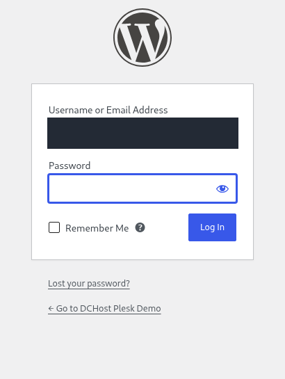 Gerçek WordPress giriş formunda kullanıcı, parola ve Log In düğmesi; kullanıcı değeri maskeli.