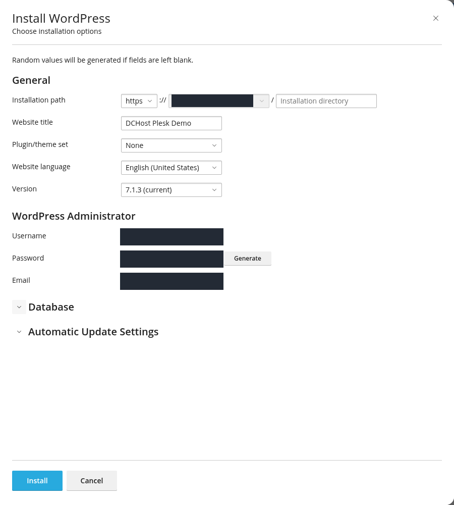Gerçek WP Toolkit kurulum formunda HTTPS, site başlığı, sürüm, WordPress hesabı ve Install düğmesi.
