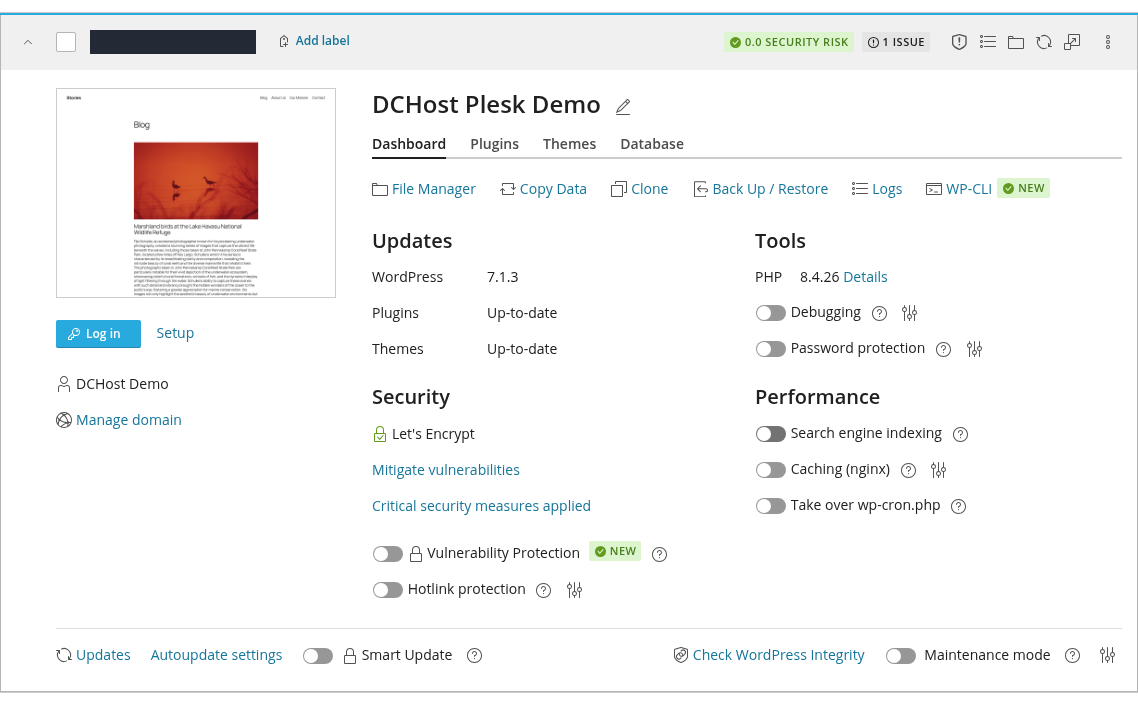 Gerçek kurulum sonrası WP Toolkit kartı; WordPress 7.1.3, PHP 8.4.26, Let’s Encrypt ve kapalı Search engine indexing.