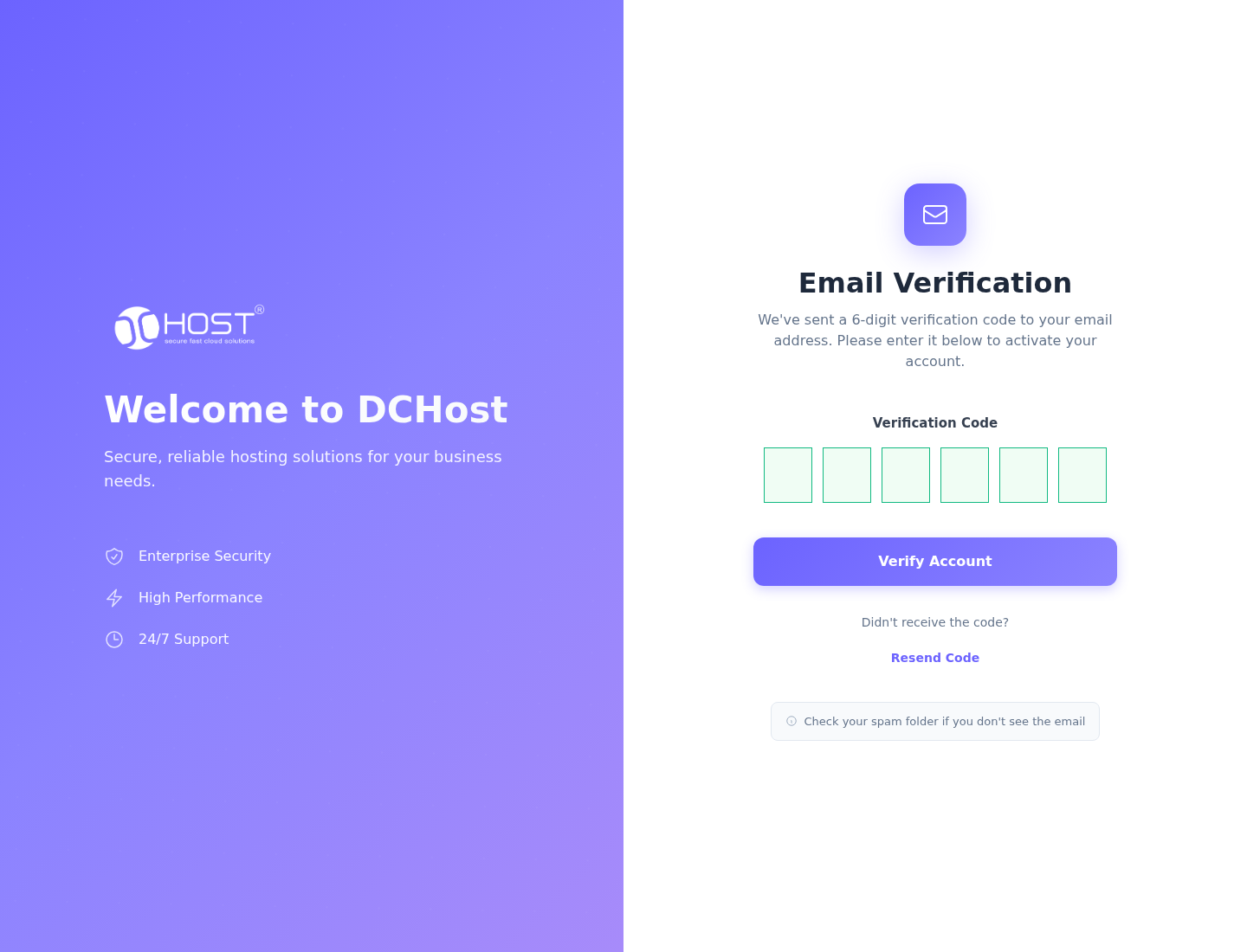 Email Verification ekranında altı kod kutusu, Verify Account düğmesi ve Resend Code bağlantısı.