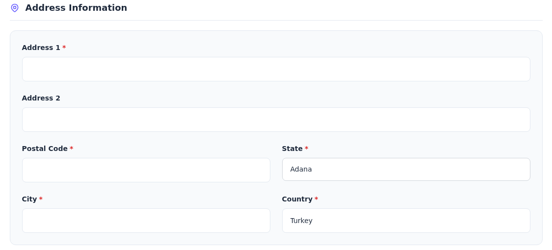 Boş Address 1, Address 2, Postal Code ve City alanları; Country Turkey ve State Adana seçenekleri.