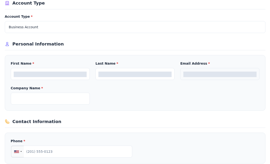 Business Account seçili hesap formu ve boş Company Name alanı; ad, soyad ve e-posta gizlenmiştir.