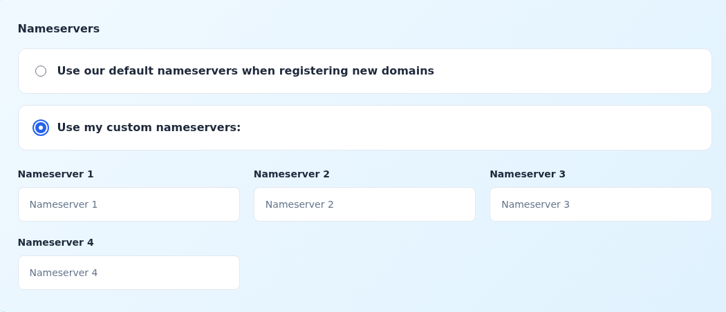 Özel ad sunucusu seçimi açık; Nameserver 1, 2, 3 ve 4 alanları boş.