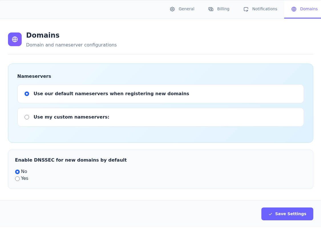Domains sekmesinde varsayılan ad sunucusu seçili, özel ad sunucusu alternatifi, DNSSEC No/Yes ve Save Settings.