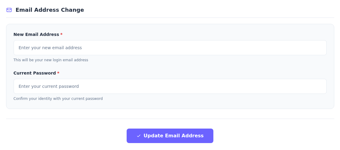 Boş New Email Address ve Current Password alanları ile Update Email Address düğmesi.