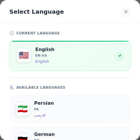 Select Language penceresinde Current Language altında English, aşağıda Available Languages listesi.