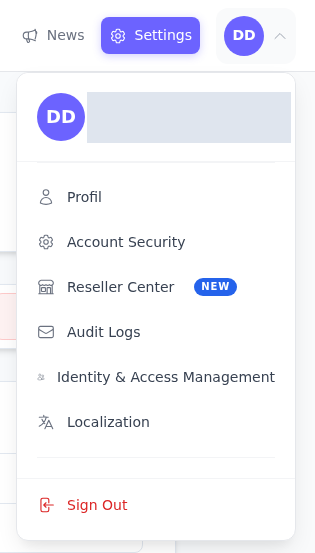 Açık profil menüsünde Localization bağlantısı; hesap adı ve e-posta opak olarak gizlenmiş.