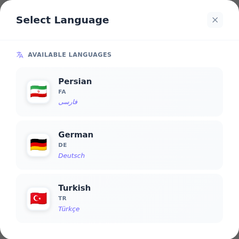 Select Language penceresinin aşağı kaydırılmış listesinde Turkish, TR, Türkçe satırı.