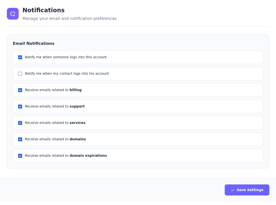 Yedi Email Notifications seçeneği ve Save Settings; contact login hariç kutular işaretli.