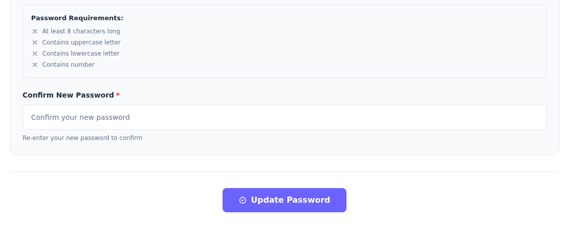 Dört Password Requirements koşulu, boş Confirm New Password alanı ve Update Password düğmesi.