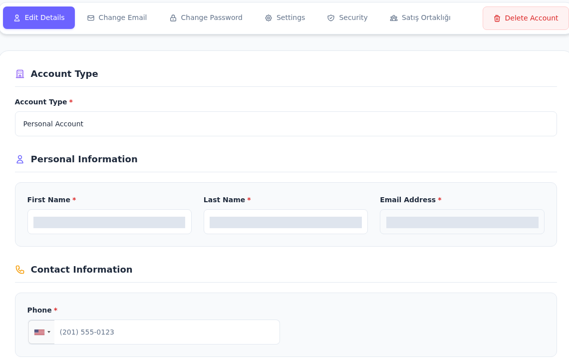 Edit Details, Account Type, First Name, Last Name, kilitli Email Address ve Phone alanları; kişisel değerler gizlenmiştir.