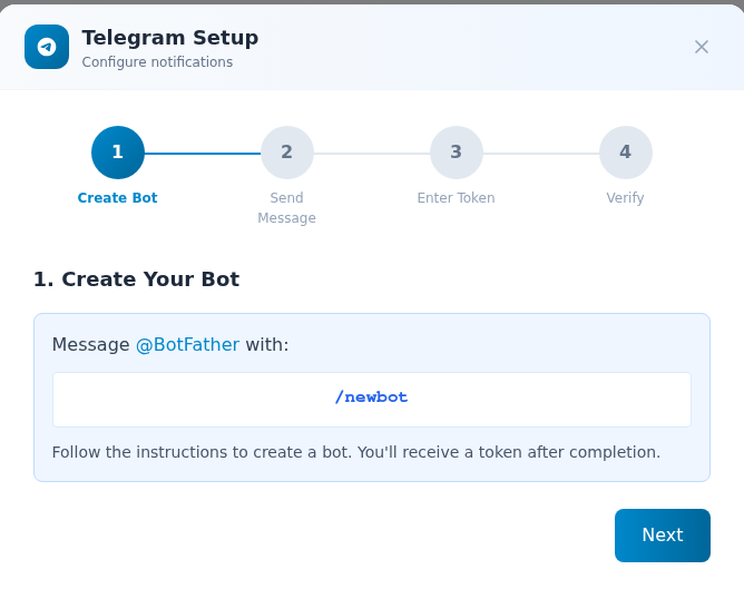 Telegram Setup penceresinin Create Your Bot adımında @BotFather, /newbot ve Next.