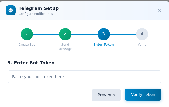 Boş Paste your bot token here alanı, Previous ve Verify Token düğmeleri.