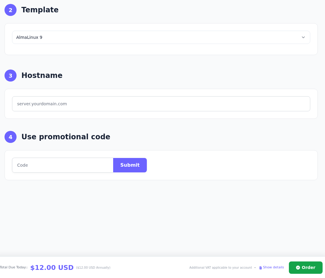 LXC sipariş formunda Template, boş Hostname, promosyon kodu ve alttaki tutar/Order alanı.