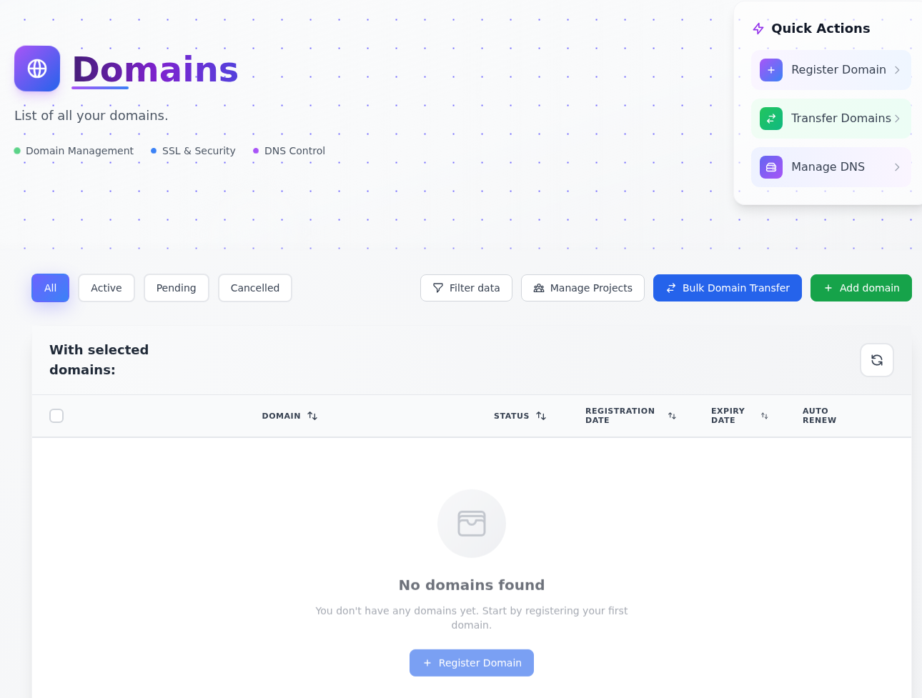 Domains sayfasında Register Domain, Transfer Domains, Manage DNS, durum filtreleri ve No domains found mesajı.