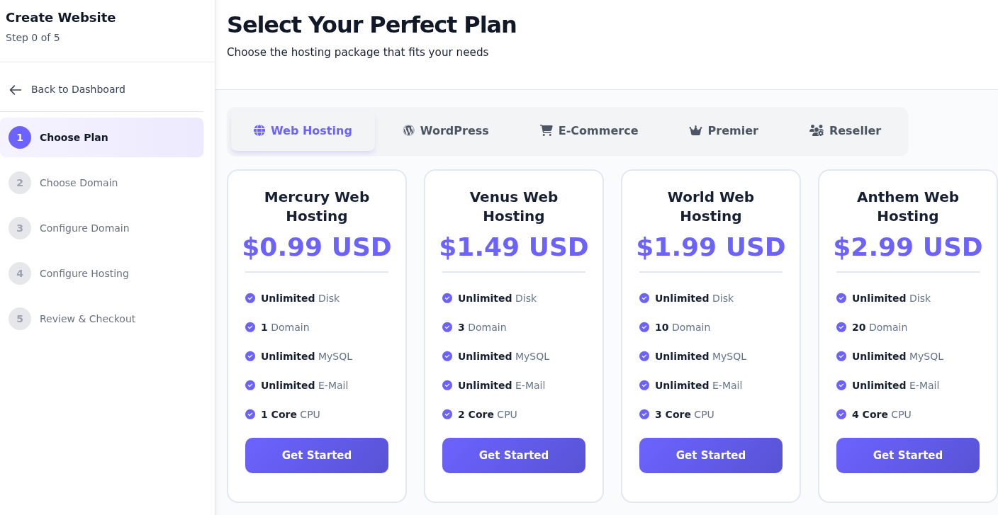 Hosting katalog ekranında Web Hosting, WordPress, E-Commerce, Premier ve Reseller sekmeleri; paketlerde Get Started düğmeleri.