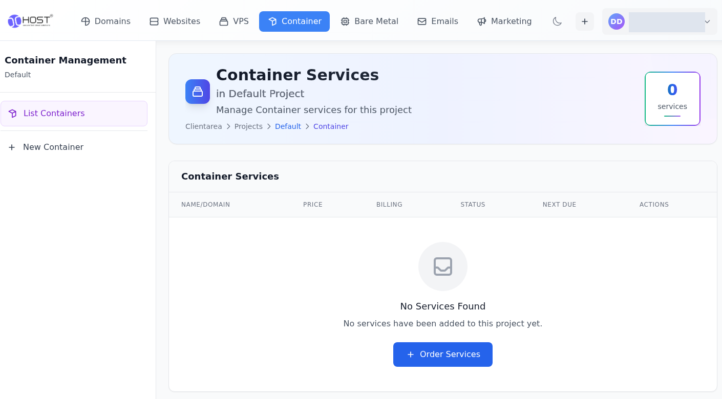 Proje menüsünde Websites, VPS, Container ve Bare Metal; Container Services listesinde 0 services ve No Services Found. Hesap bilgileri gizlenmiştir.