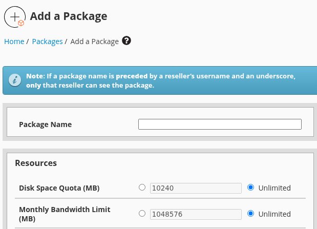 WHM Add a Package formunda boş Package Name ve etkin Unlimited seçenekleri.