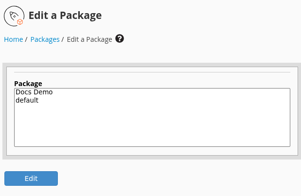 WHM Edit a Package ekranında Docs Demo ve default seçenekleri ile Edit düğmesi.