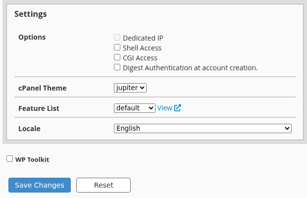 WHM paket ayarlarında kapalı Shell Access, jupiter, default özellik listesi ve English dili.
