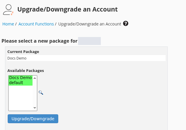WHM Upgrade/Downgrade ekranında gizlenmiş hesap adı, mevcut Docs Demo ve kullanılabilir paketler.