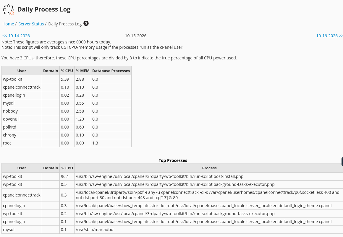 Gerçek WHM Daily Process Log; günlük ortalamalar ve WP Toolkit kurulum sonrası işlem kaydı.